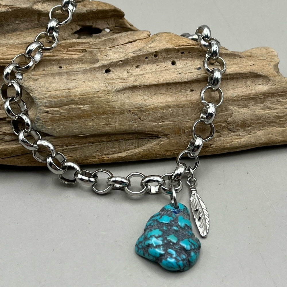 Silver and Turquoise Nugget Charm Bracelet-Handmade Boho Statement
